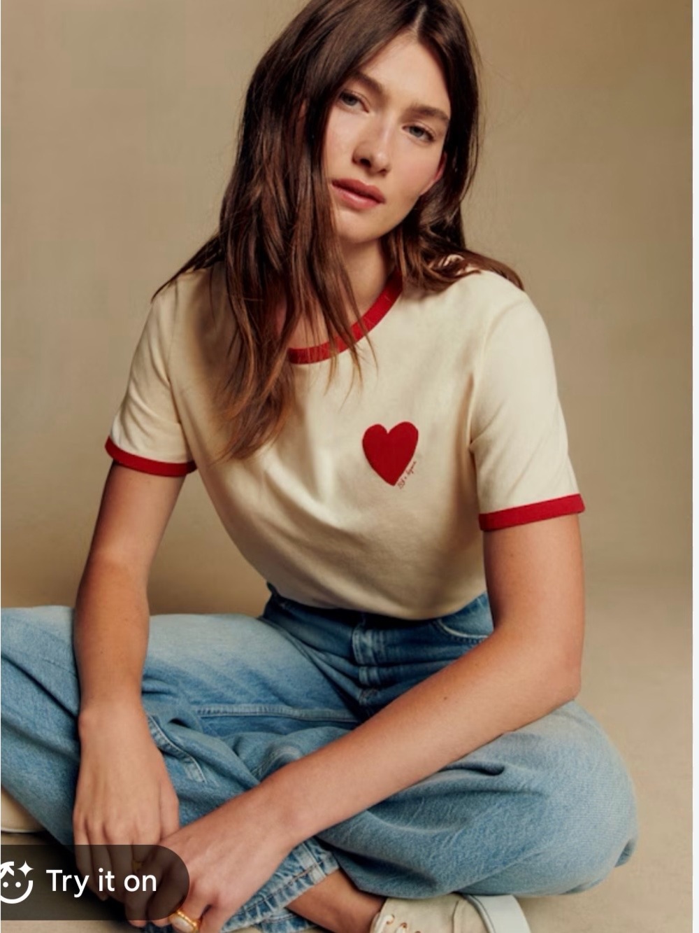 Sezane women’s White Tee with Red Trim & Heart NWT